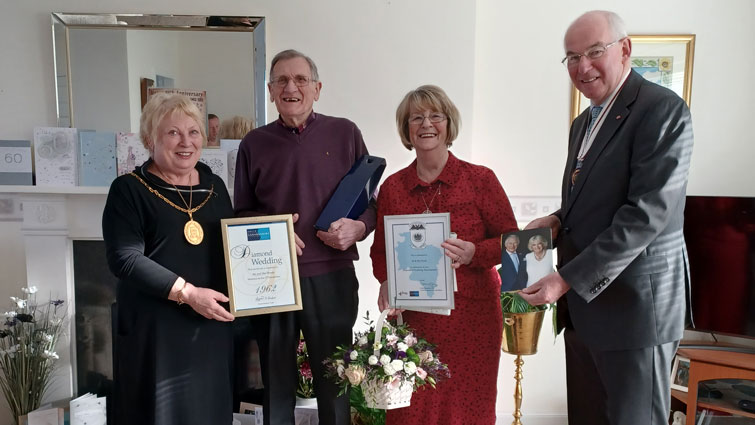 Mary and Norman Woods celebrating thier Diamond Wedding Anniversary with Provost Margaret Copper and Vice Lord Lieutenant Gavin Whitefield CBE DL