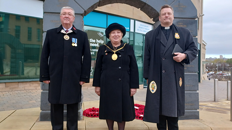 This image shows Provost Margaret Cooper with the Deputy Lord Lieutenant Lois Munn and Rev Ross Blackman at the Armistice Day service in Hamilton on 11 November 2022 