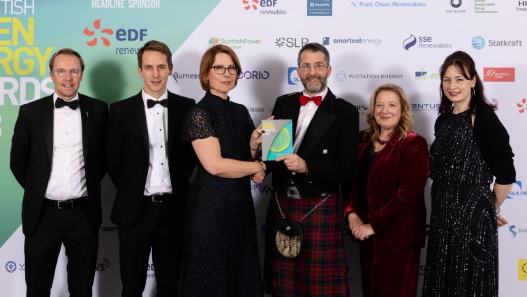 This image shows representatives from the organisations involved in the Hagshaw Energy Cluster following their success at the Scottish Green Energy Awards 