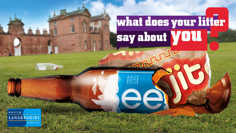 This graphic shows a broken bottle with the word eejit on it to support the council's litter strategy 