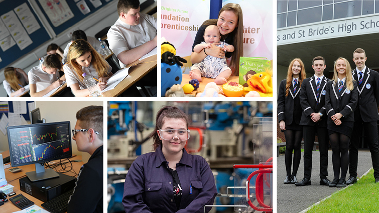 Picture shows a variety of smaller images depicting senior pupils in different roles including in school uniform, in a childcare role and sitting an exam.