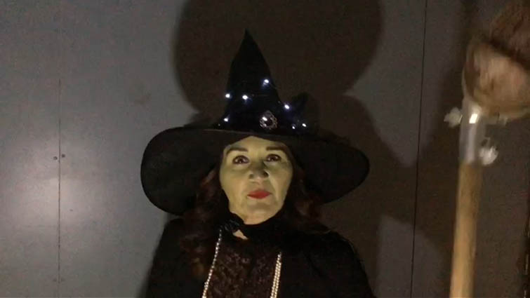 This picture shows a member of our education staff dressed up as a witch to publicise the Instrumental Music Service's online Halloween concert
