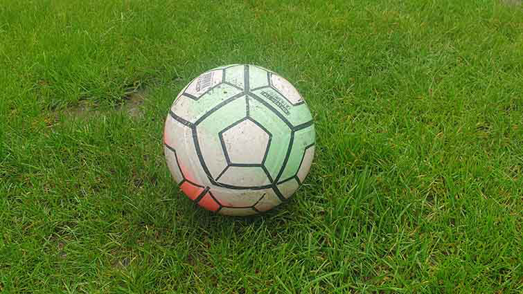 Image shows a football on grass 