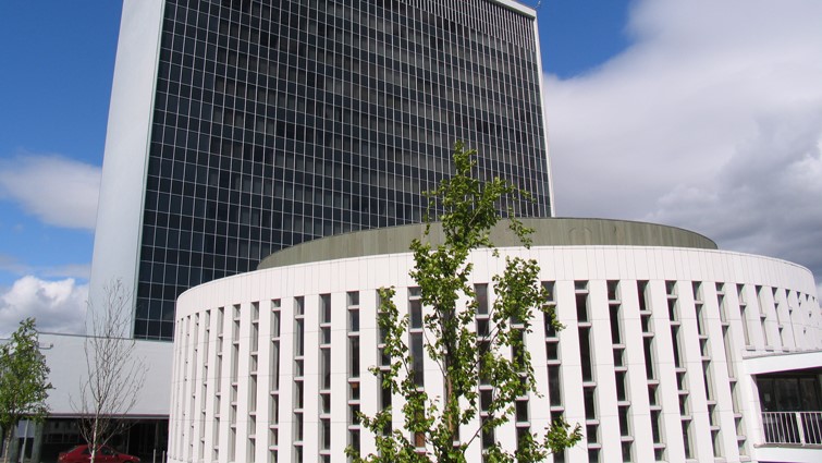 View of the council headquarters building in Almada Street, Hamilton, with the council chamber in the foreground.