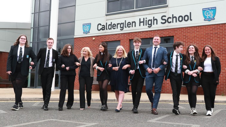 Calderglen High School pupils celebrating their exam results with Depute Head Teacher Fiona Murphy, Head Teacher Liz White and Depute Head Teacher Keith Chaplin