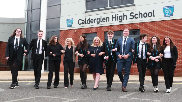 Calderglen High School pupils celebrating their exam results with Depute Head Teacher Fiona Murphy, Head Teacher Liz White and Depute Head Teacher Keith Chaplin 