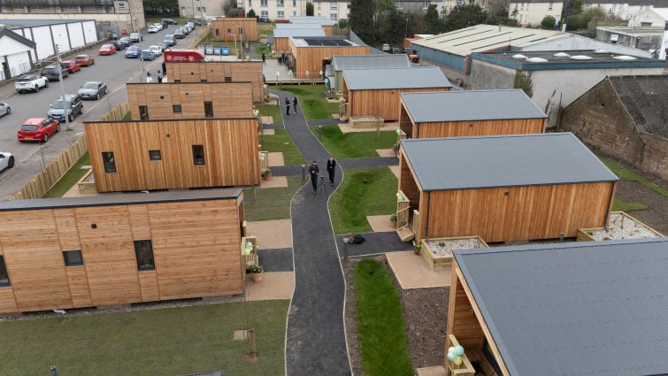 This is an aerial view of Harriet Gardens homelessness village in Rutherglen