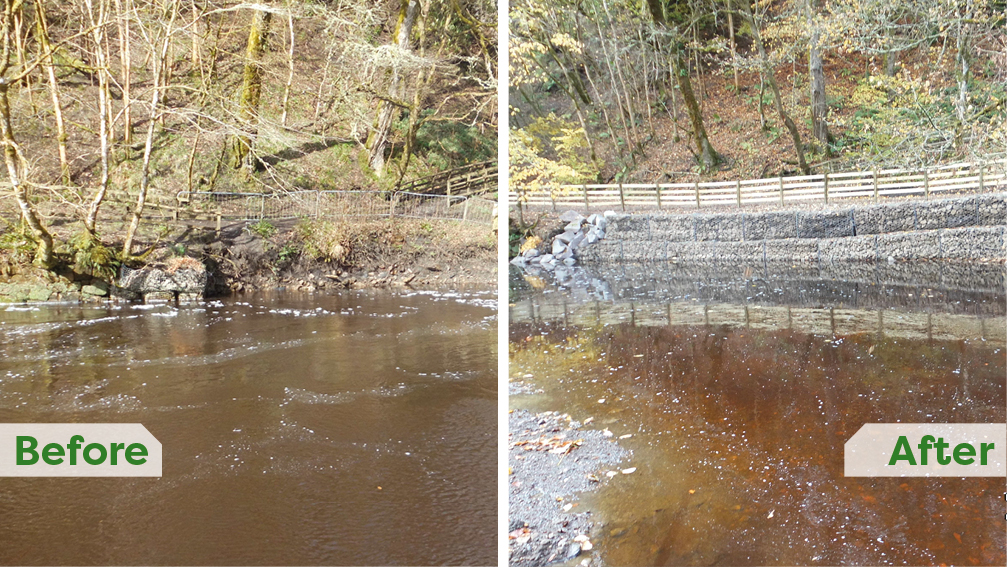 This is a before and after shot of Horseshow Bridge in Calderglen Country Park following the completion of improvement work