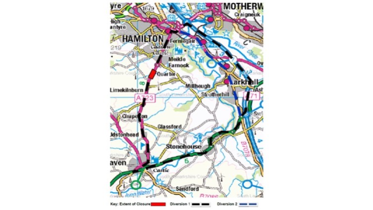 Map of road closure on Strathaven Road and diversion routes.